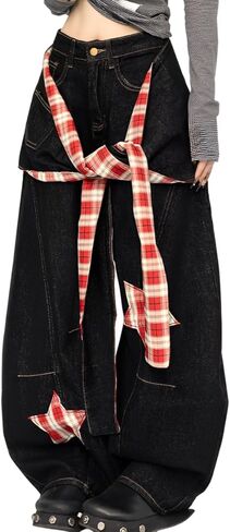 Vintage Fashion High Waisted Wide Leg Denim Pants Y2K Gothic Cute Patchwork Two-Piece Set Baggy Star Jeans in Saudi Arabia
