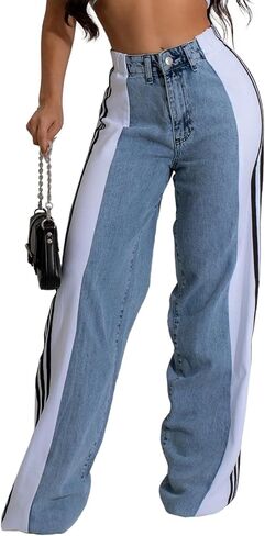 XZLUFNY Women's Jeans Two Tone Patchwork Striped Denim Pant Color Block Straight Wide Leg Trousers in Saudi Arabia