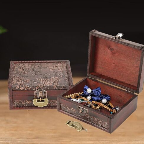 Vintage Decorative Wooden Box,Keepsake Box with Lock and Key,Jewelry Treasure Chest with Hinged Lid for Jewelry Necklace,Earrings,Rings,Great Gift(5.7 * 4.3 * 2.6in) in Kuwait