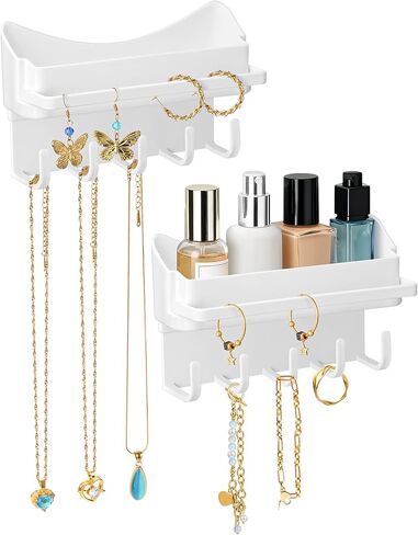NiHome 2-Pack Multi-Functional Wall Storage Rack with Hooks, No Drill Adhesive Wall Mounted Organizer for Necklace, Jewelry, Headbands, Glasses, Vanity Accessory Shelf & Bathroom Storage Organizer in Saudi Arabia