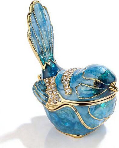 Blue Bird Trinket Box with Hinged Lid, Enamel Alloy Bird Figurines Jewelry Organizer, Hand Painted Bird Decor for Home Ring Holder Gift in Saudi Arabia