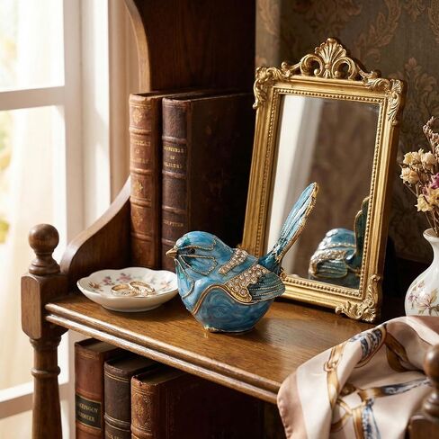 Blue Bird Trinket Box with Hinged Lid, Enamel Alloy Bird Figurines Jewelry Organizer, Hand Painted Bird Decor for Home Ring Holder Gift in Saudi Arabia