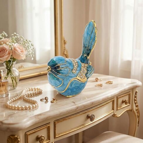 Blue Bird Trinket Box with Hinged Lid, Enamel Alloy Bird Figurines Jewelry Organizer, Hand Painted Bird Decor for Home Ring Holder Gift in Saudi Arabia