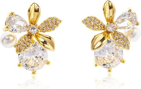 أقراط ذهبية أنيقة للنساء، أقراط صغيرة مطلية بالذهب عيار 14 قيراط على شكل زهرة مع لؤلؤ صناعي مكعب من الزركونيا، أقراط صغيرة خفيفة الوزن لا تسبب الحساسية للمناسبات اليومية الخاصة in Kuwait