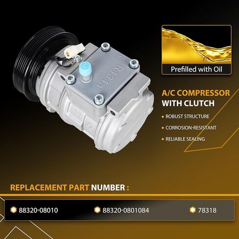 AC Compressor with Clutch Compatible with 1998-2003 Toyota Sienna 3.0L, 88320-08010 with 1-Pin Plug in Kuwait