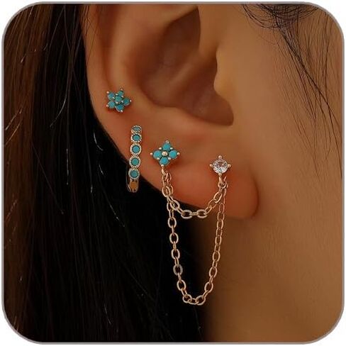 Turquoise Stud Earrings Set for Women Dainty Heart Mini Huggie Hoop Earrings Gold Cubic Zirconia Ear Cuff Cartilage Earring Boho Jewelry Accessories in Saudi Arabia