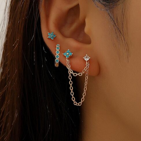 Turquoise Stud Earrings Set for Women Dainty Heart Mini Huggie Hoop Earrings Gold Cubic Zirconia Ear Cuff Cartilage Earring Boho Jewelry Accessories in Saudi Arabia