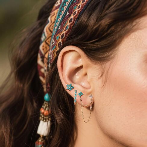 Turquoise Stud Earrings Set for Women Dainty Heart Mini Huggie Hoop Earrings Gold Cubic Zirconia Ear Cuff Cartilage Earring Boho Jewelry Accessories in Saudi Arabia