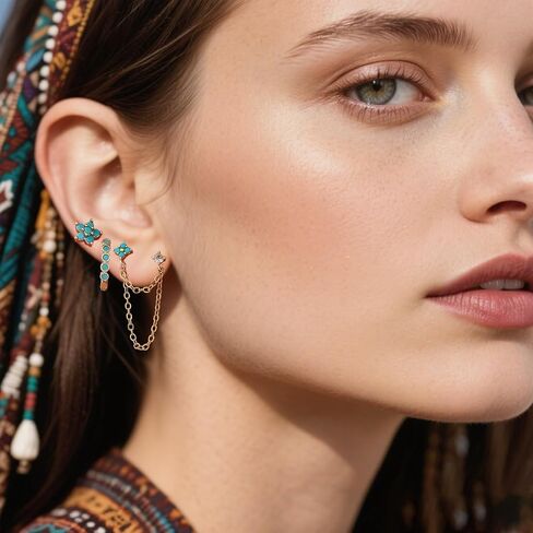 Turquoise Stud Earrings Set for Women Dainty Heart Mini Huggie Hoop Earrings Gold Cubic Zirconia Ear Cuff Cartilage Earring Boho Jewelry Accessories in Saudi Arabia