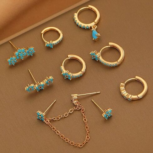 Turquoise Stud Earrings Set for Women Dainty Heart Mini Huggie Hoop Earrings Gold Cubic Zirconia Ear Cuff Cartilage Earring Boho Jewelry Accessories in Saudi Arabia