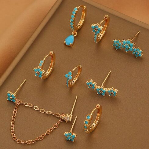 Turquoise Stud Earrings Set for Women Dainty Heart Mini Huggie Hoop Earrings Gold Cubic Zirconia Ear Cuff Cartilage Earring Boho Jewelry Accessories in Saudi Arabia