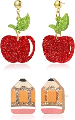 Teacher's Earrings for Women - Cute Apple & Pencil Lightweight Acrylic Stud Earrings for Teacher Appreciation Day Birthday Gifts in Kuwait