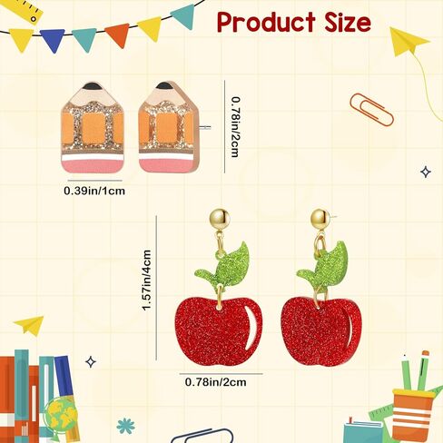Teacher's Earrings for Women - Cute Apple & Pencil Lightweight Acrylic Stud Earrings for Teacher Appreciation Day Birthday Gifts in Kuwait