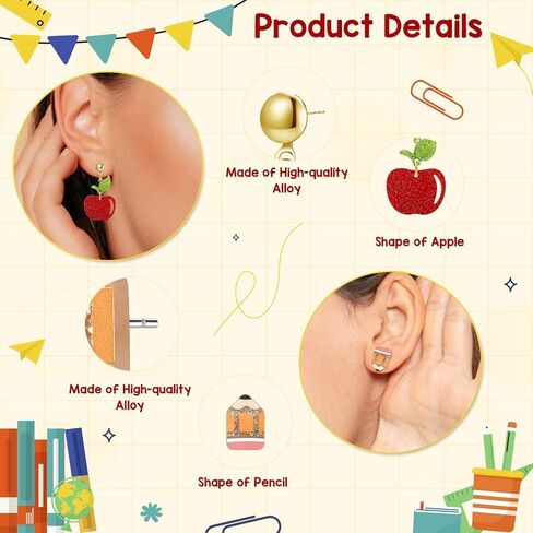 Teacher's Earrings for Women - Cute Apple & Pencil Lightweight Acrylic Stud Earrings for Teacher Appreciation Day Birthday Gifts in Kuwait
