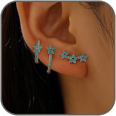 Turquoise Stud Earrings Set for Women Dainty Heart Mini Huggie Hoop Earrings Gold Cubic Zirconia Ear Cuff Cartilage Earring Boho Jewelry Accessories in Saudi Arabia