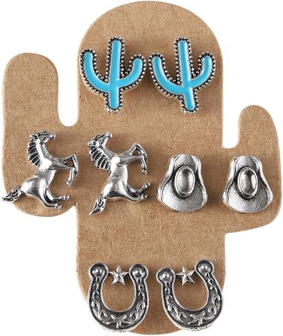 5 Pairs Stud Western Cowgirl Turquoise Earring Set Vintage Boho Retro Dainty Cowboy Boot Stud Earrings Statement Western Country Jewelry for Women in Saudi Arabia
