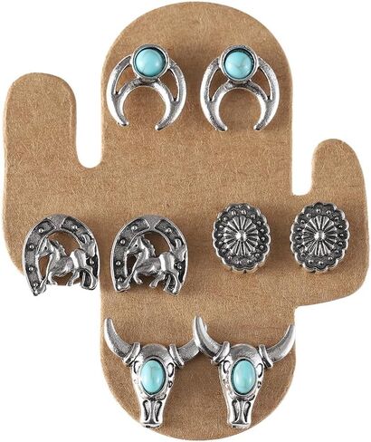 5 Pairs Stud Western Cowgirl Turquoise Earring Set Vintage Boho Retro Dainty Cowboy Boot Stud Earrings Statement Western Country Jewelry for Women in Saudi Arabia