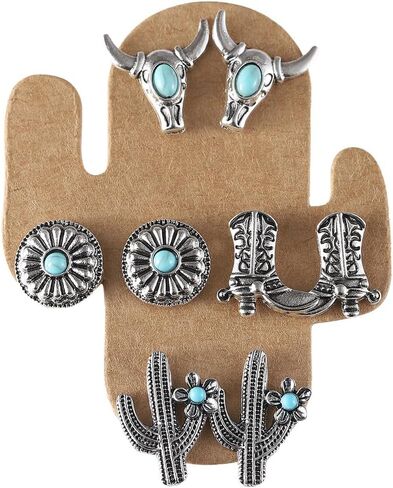 5 Pairs Stud Western Cowgirl Turquoise Earring Set Vintage Boho Retro Dainty Cowboy Boot Stud Earrings Statement Western Country Jewelry for Women in Saudi Arabia