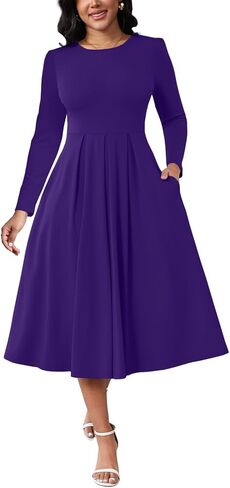 فستان ZonJie نسائي أنيق بأكمام طويلة متوسط ​​الطول ورقبة دائرية سوينغ على شكل حرف a مضيئة في الكنيسة وحفلات العمل فساتين غير رسمية مع جيوب in Kuwait