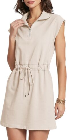 Womens Summer Half Zip Cap Sleeve Tie Waist Tshirt Dress 2026 Casual Cotton Beach Vacation Outfits in Saudi Arabia