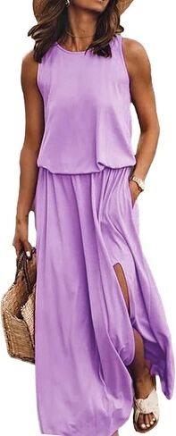 Women Sleeveless Loose Plain Maxi Dress Casual Slit Long Dresses in Kuwait