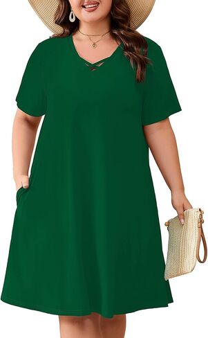 AusLook Plus Size Midi Dress for Women Short Sleeve V Neck Criss Cross A Line Summer Casual Vacation Sundresses with Pockets in Kuwait