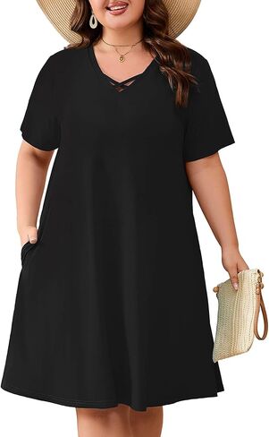 AusLook Plus Size Midi Dress for Women Short Sleeve V Neck Criss Cross A Line Summer Casual Vacation Sundresses with Pockets in Saudi Arabia
