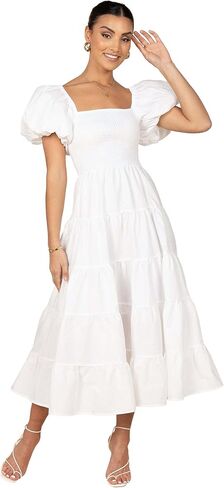 Petal & Pup Women's Annette Puff Sleeve Shirred Midi Dress in Saudi Arabia
