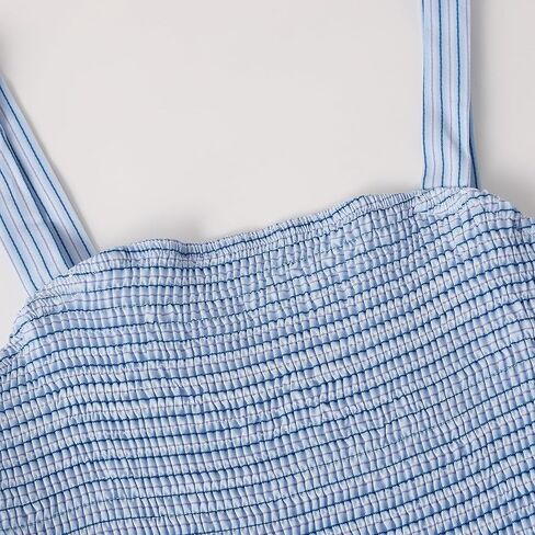 Women's Light Blue Striped Smocked Maxi Dress - Sleeveless Square Neck Tiered Summer Beach Dress in Kuwait