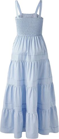Women's Light Blue Striped Smocked Maxi Dress - Sleeveless Square Neck Tiered Summer Beach Dress in Kuwait