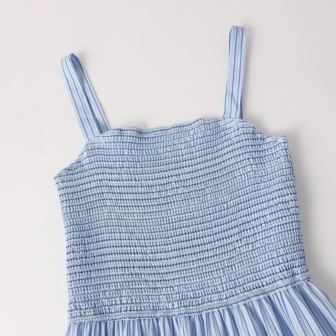 Women's Light Blue Striped Smocked Maxi Dress - Sleeveless Square Neck Tiered Summer Beach Dress in Kuwait