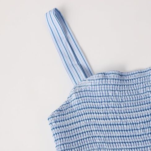 Women's Light Blue Striped Smocked Maxi Dress - Sleeveless Square Neck Tiered Summer Beach Dress in Kuwait