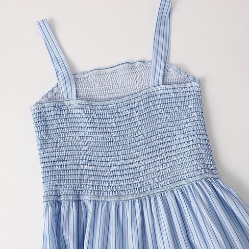 Women's Light Blue Striped Smocked Maxi Dress - Sleeveless Square Neck Tiered Summer Beach Dress in Kuwait