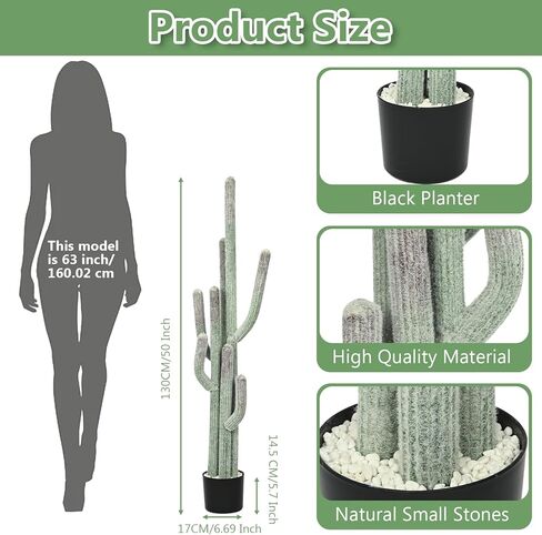 tonchean 51 Inch Artificial Cactus, Large Indoor Faux Cactus Plant with Realistic Texture & Black Pot, Fake Cactus Decor for Home Office Living Room Bedroom in Saudi Arabia