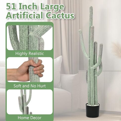 tonchean 51 Inch Artificial Cactus, Large Indoor Faux Cactus Plant with Realistic Texture & Black Pot, Fake Cactus Decor for Home Office Living Room Bedroom in Saudi Arabia