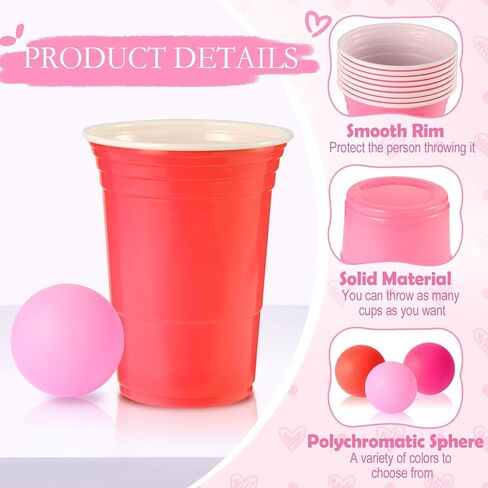 22PCS 16 Oz Pong Plastic Party Cups Valentine's Day Pong Set,Chroma Pong Cups and Pink,red Balls for Valentine's Day Indoor Outdoor Party Supplies Favors(Valentine Colors) in Kuwait
