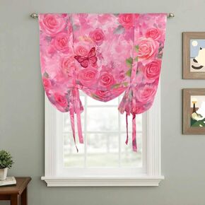 Valentine's Day Tie Up Curtains for Window, Watercolor Roses Flowers Butterfly Romance Thermal Balloon Shade Adjustable Rod Pocket Curtains Valance Panels for Kitchen Bathroom Café 34'' x 45'' in Kuwait