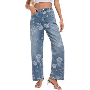 Women's Floral Print High Waisted Jeans - Stretch Denim Straight Leg Pants, Casual Summer Trousers in Saudi Arabia