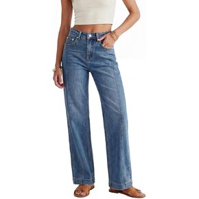 RRIVE Women Straight Wide Leg Jeans Relaxed Fit Y2K Front Seam Retro Medium Wash Soft Stretchy Denim YKK Zipper in Saudi Arabia