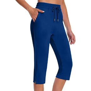 Yoga Pants for Women Elastic Drawstring Capri Pants with Pockets Casual Straight Leg Side Split Trouser Sport Outfits in Kuwait