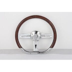 14" D-Shape Wood Grain ABS Steering Wheel with Chrome Spokes & Horn – 6-Bolt Half Wrap for Car, Truck, SUV, Racing (ABS Burlwood) in Kuwait