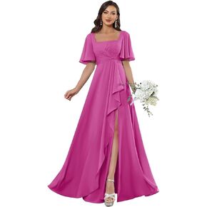 POMUYOO Square Neck Chiffon Bridesmaid Dresses with Sleeve Long Pleat A-Line Formal Party Gowns with Pockets in Kuwait