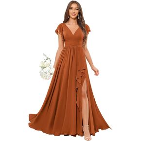 GUKARLEED Ruffled Bridesmaid Dresses Short Cap Sleeve Wrap Ruched Split V Neck Wedding Guest Dress Long Chiffon Formal Dress in Kuwait