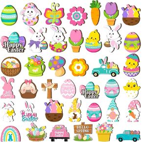 40pcs Easter Hanging Ornaments: Wooden Bunny, Egg, Carrot, Gnome, Basket Decorations with String for Easter Party in Kuwait