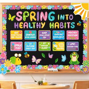 Spring Bulletin Board Decorations Set, Spring Into Healthy Habits Display, 74 Pcs Cardstock Cutouts with Borders Spring Bulletin Board Decorations Classroom School Office in Kuwait