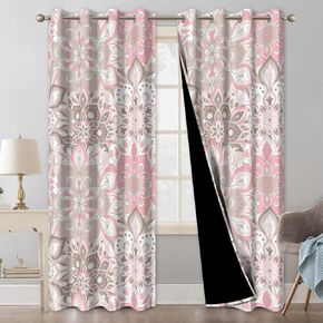 بوهو الوردي الأزهار ستائر التعتيم لغرفة النوم وغرفة المعيشة، جروميت الحرارية معزولة ستائر النافذة السوداء مع Tiebacks الستار، ستائر منقوشة الخصوصية عازلة للصوت 84 بوصة طويلة 2 لوحات مجموعة in Kuwait