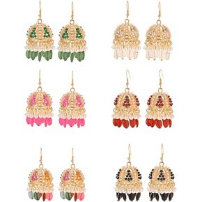 Jhumkas Indian Earrings for Women Gold Plated Multicolor Bell Faux Pearl Tassel Hoop Dangle Drop Vintage kundan Bollywood Indian Earrings(6 Pairs) in Saudi Arabia