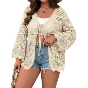 Women's Plus Size Lightweight Cardigans Tie Front Summer Crochet Long Sleeves Hollow Out Thin Cardigan in Kuwait