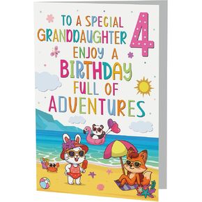 Cards Granddaughter 4th Birthday Card – Beach & Adventure Animal Design – A5 size Premium Greeting Card UK in Kuwait