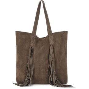 Italian Genuine Suede Tote Bag for Women with Fringe Detail | Medium Top Handle Handbag with Detachable Zip Wallet in Kuwait